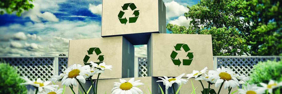 cardboard boxes with recycle symbol in a beautiful meadow